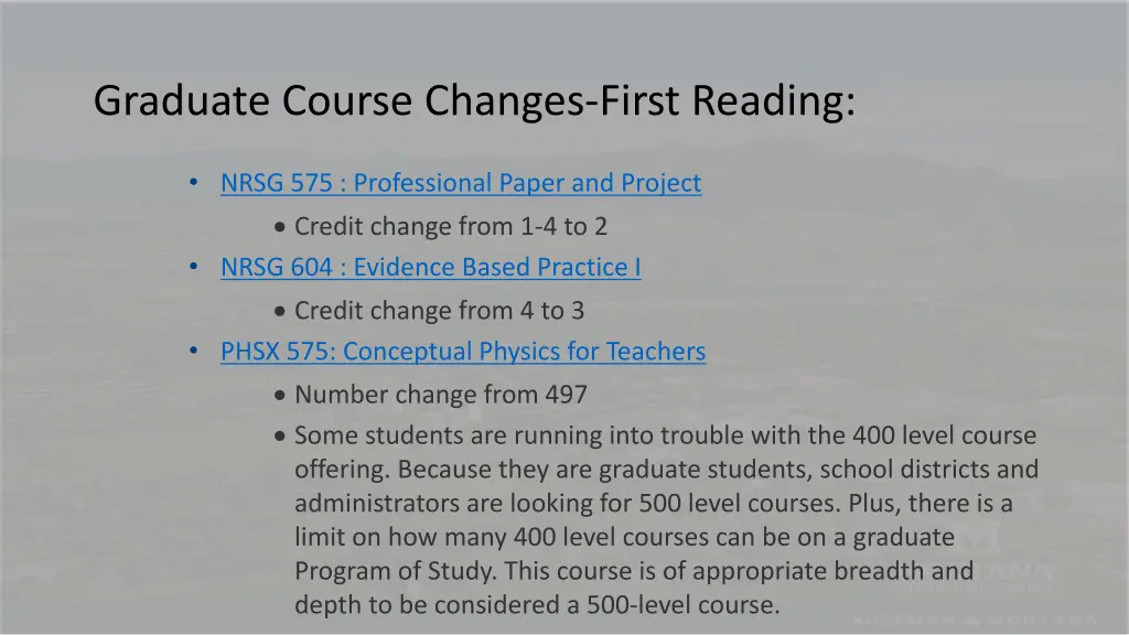 graduate course changes first reading