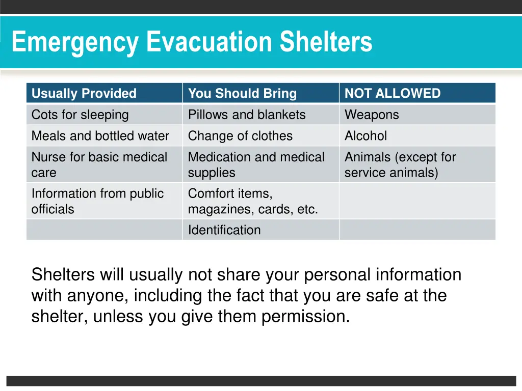 emergency evacuation shelters