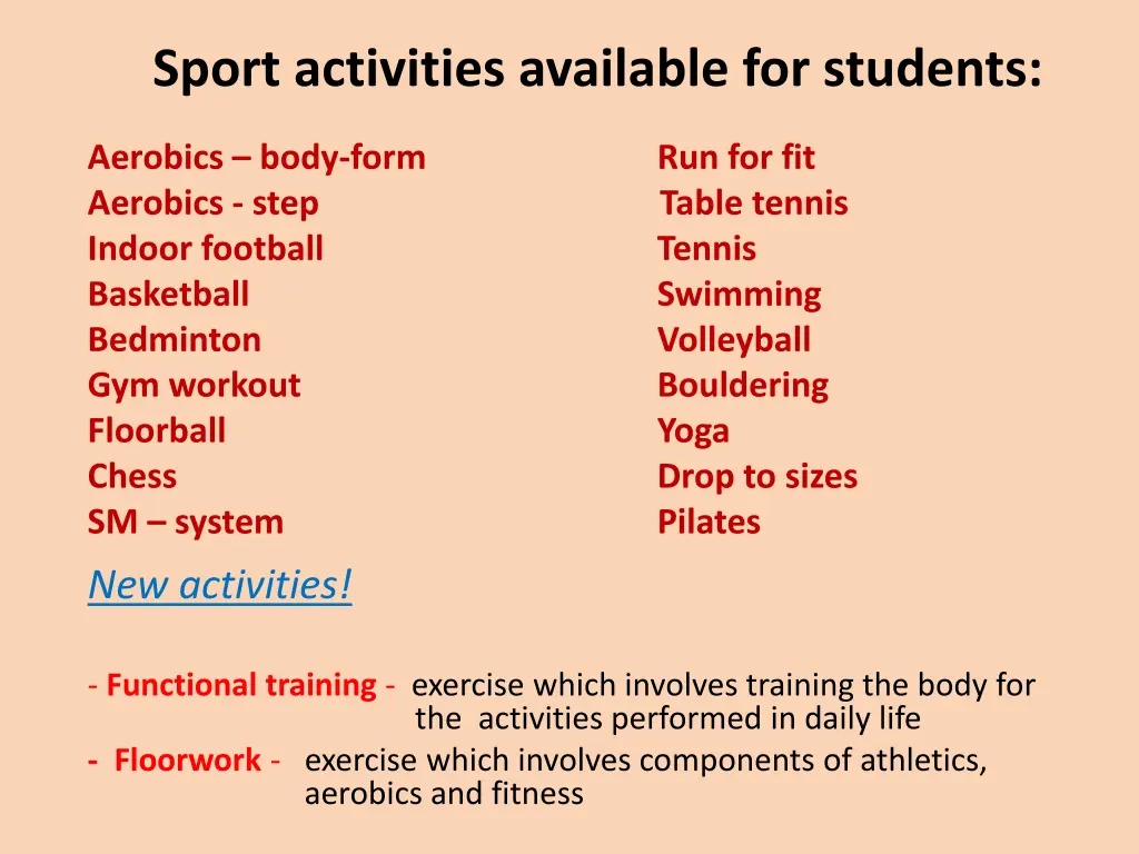 sport activities available for students