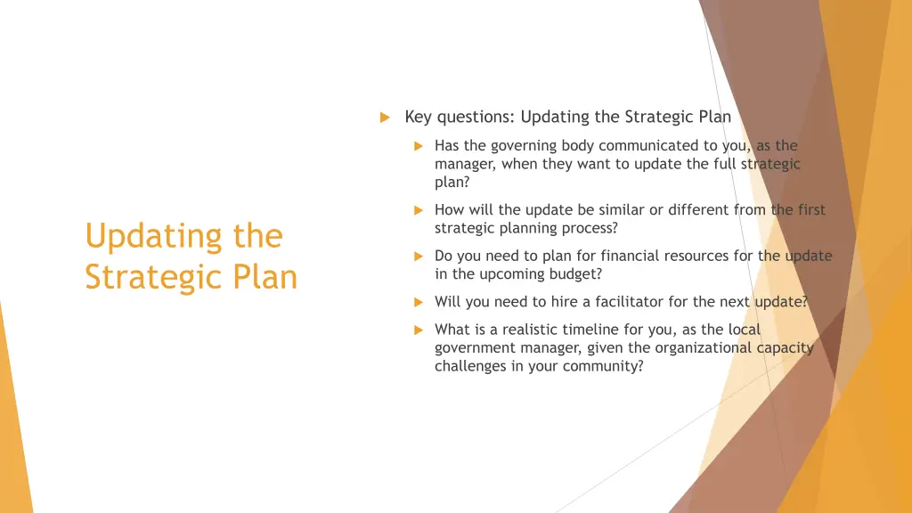 key questions updating the strategic plan