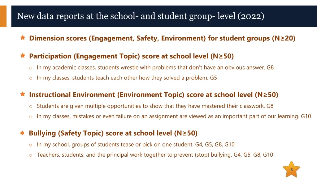 new data reports at the school and student group