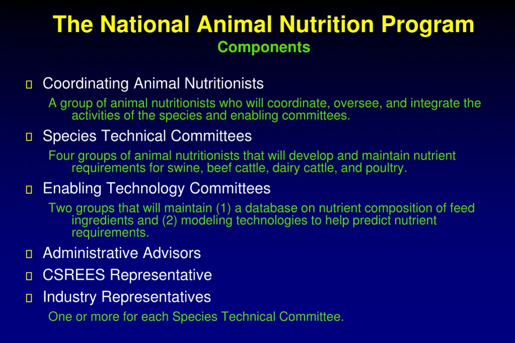 the national animal nutrition program components