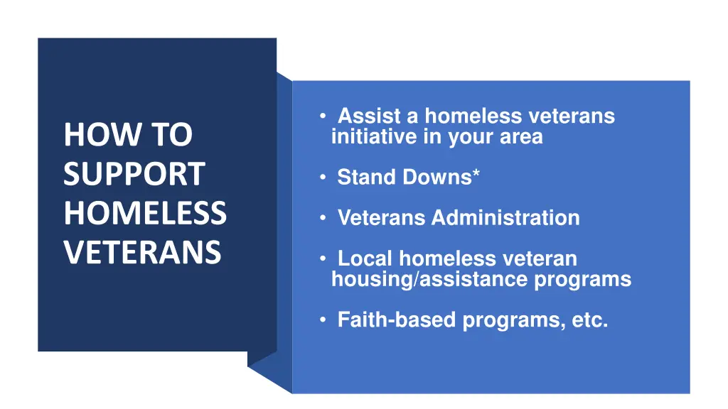 assist a homeless veterans initiative in your area