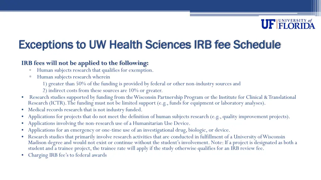 exceptions to uw health sciences irb fee schedule