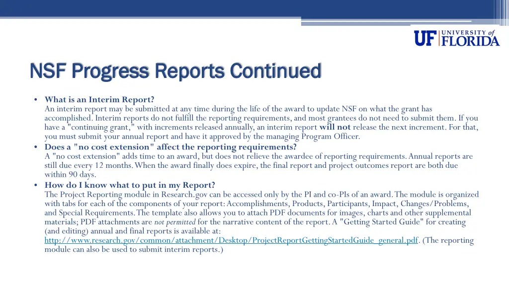 nsf progress nsf progress reports continued