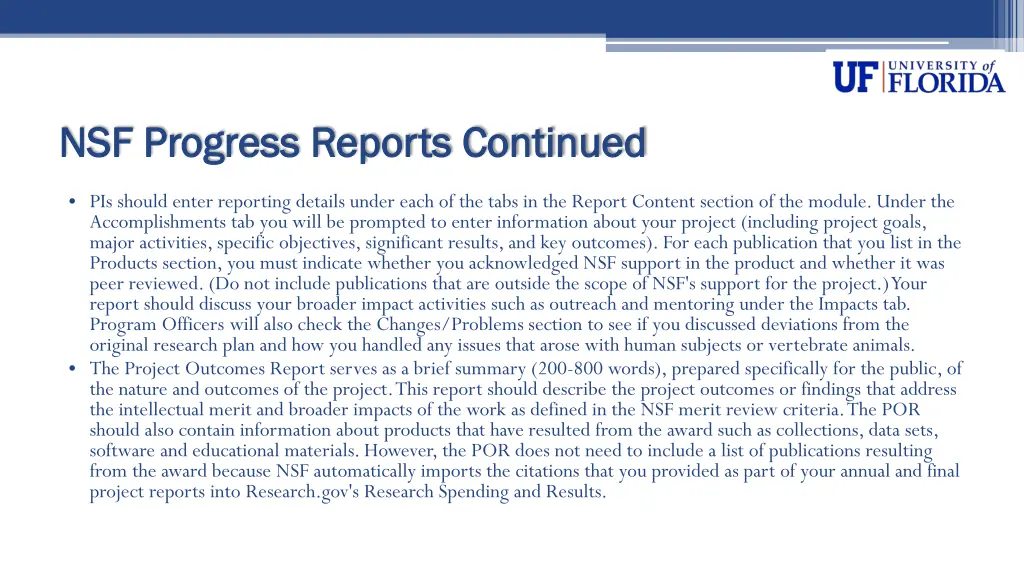 nsf progress reports continued nsf progress