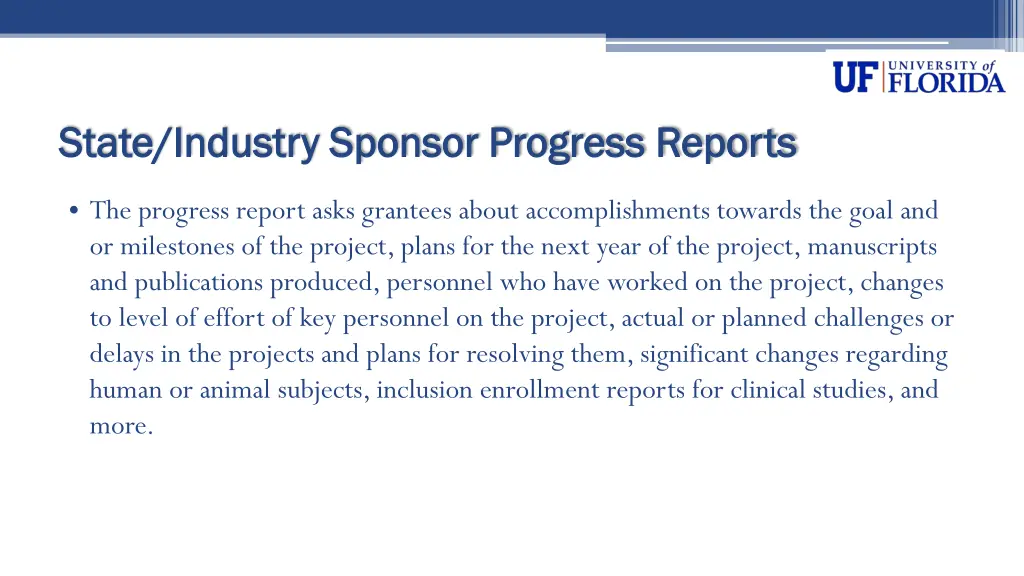 state industry sponsor progress reports state