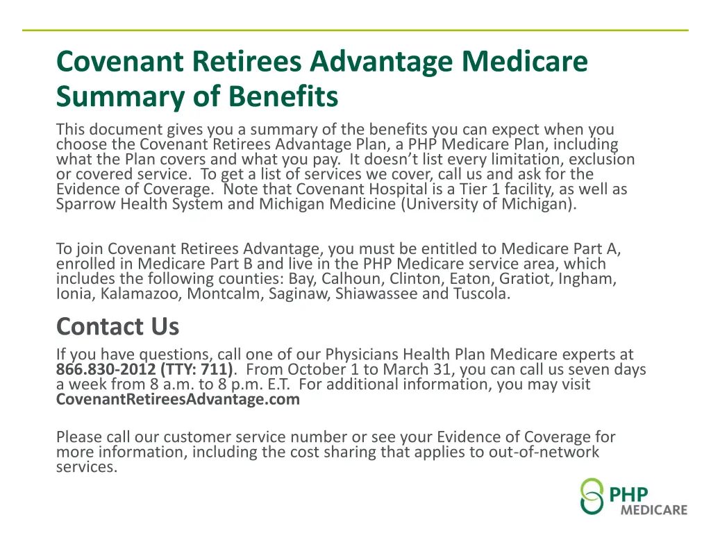 covenant retirees advantage medicare summary