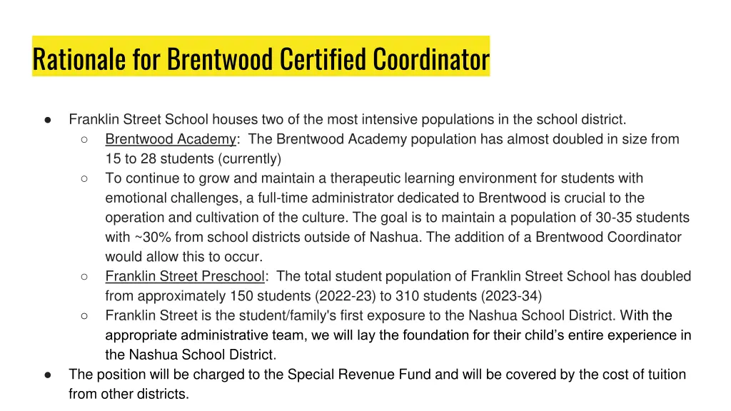 rationale for brentwood certified coordinator