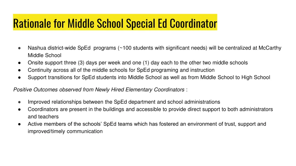 rationale for middle school special ed coordinator