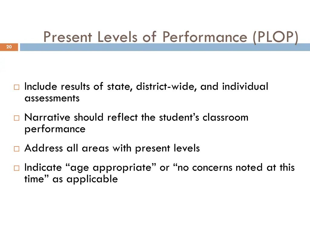 present levels of performance plop