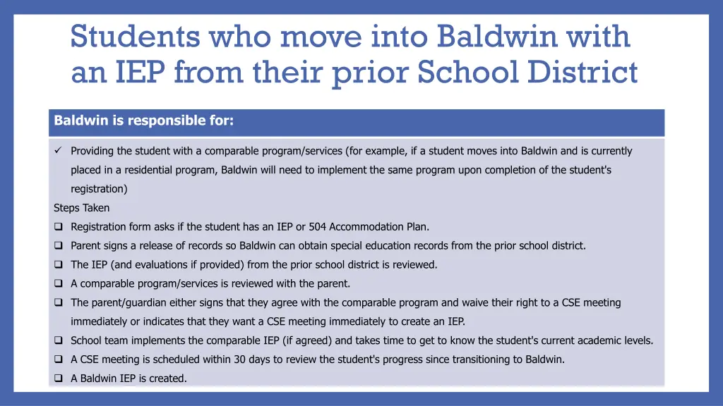 students who move into baldwin with an iep from