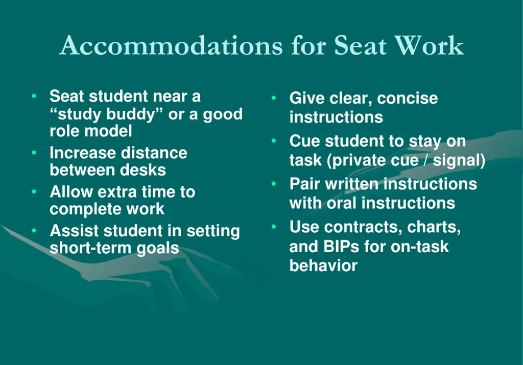 accommodations for seat work