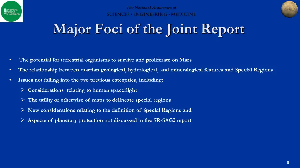 major foci of the joint report