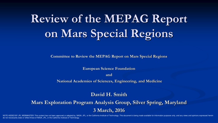 review of the mepag report on mars special regions