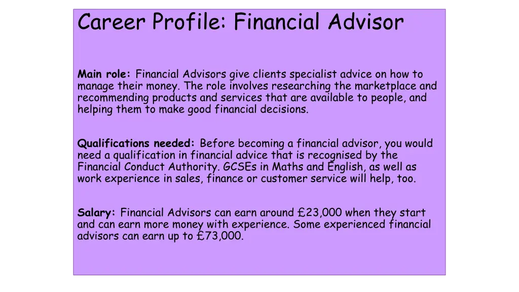 career profile financial advisor