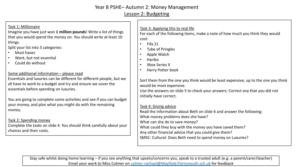 year 8 pshe autumn 2 money management lesson 1