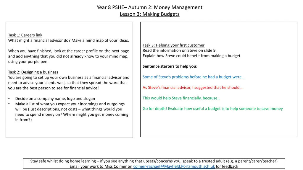 year 8 pshe autumn 2 money management lesson 2