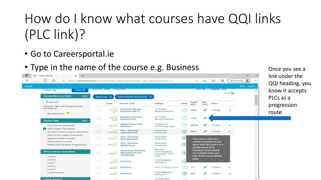 how do i know what courses have qqi links plc link