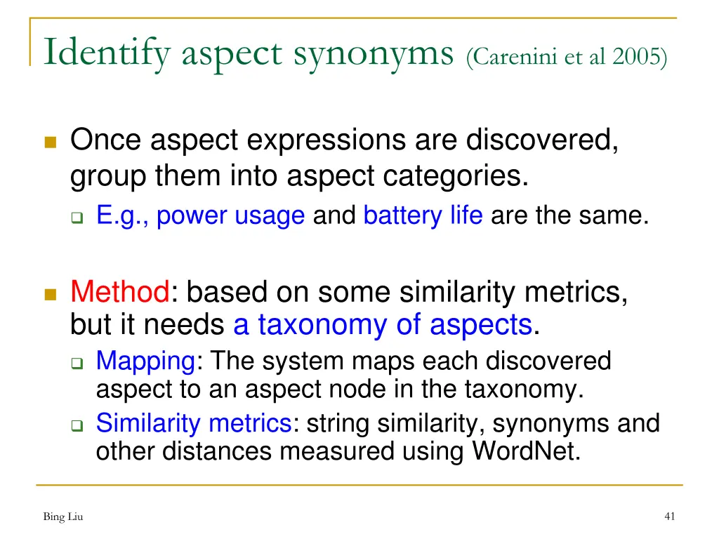 identify aspect synonyms carenini et al 2005