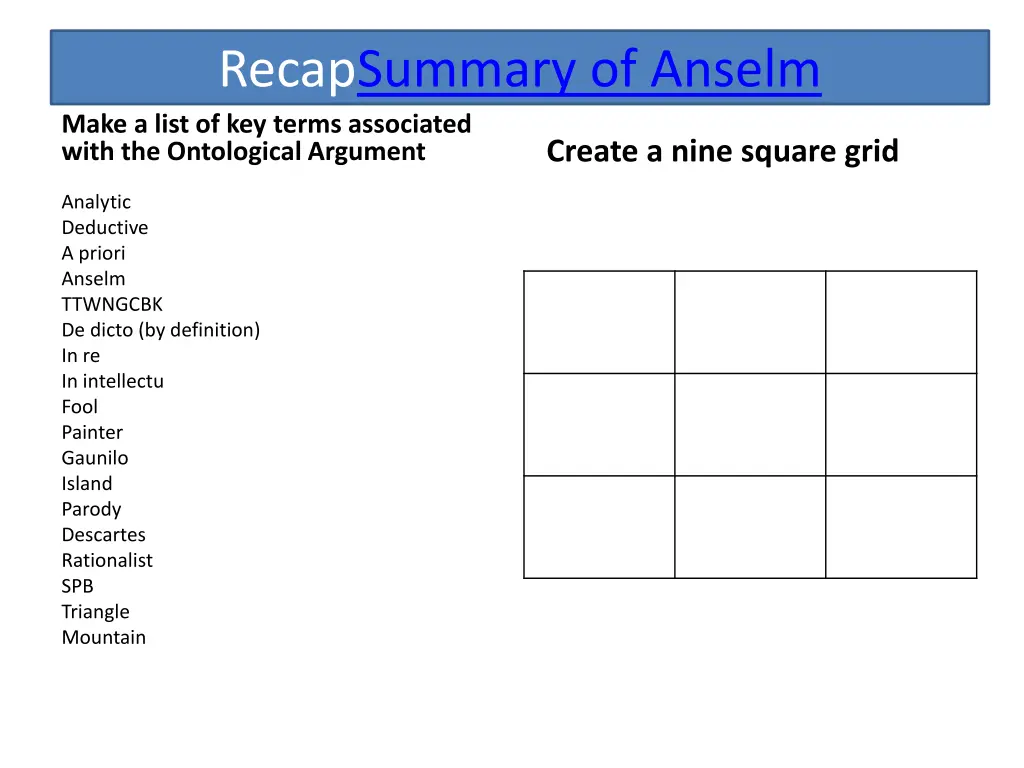 recapsummary of anselm make a list of key terms