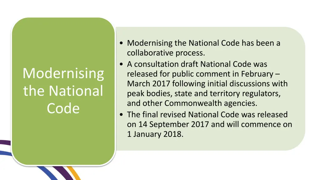 modernising the national code has been