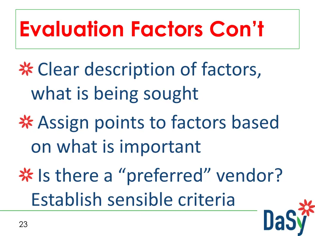 evaluation factors con t