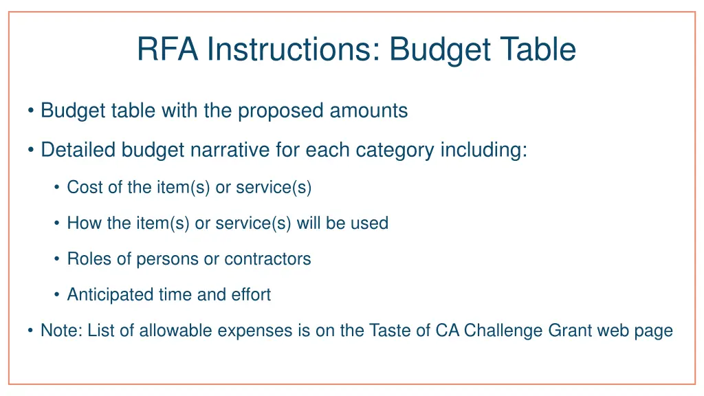 rfa instructions budget table