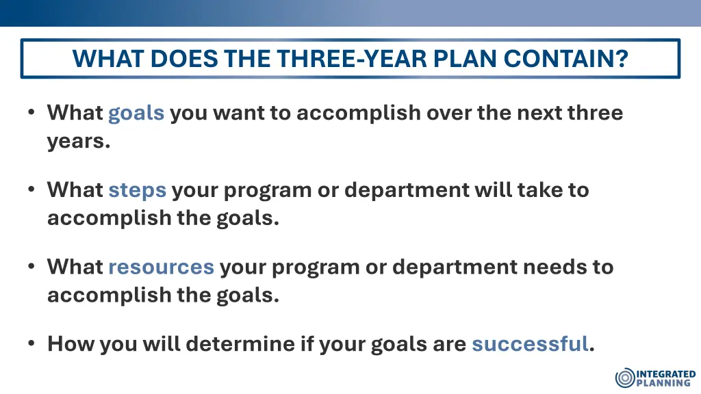 what does the three year plan contain