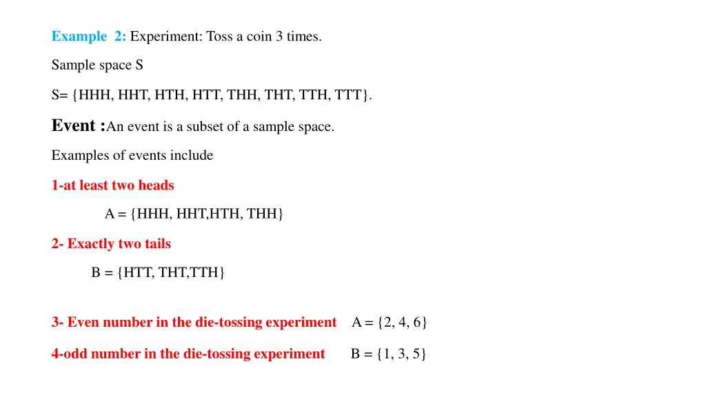 example 2 experiment toss a coin 3 times