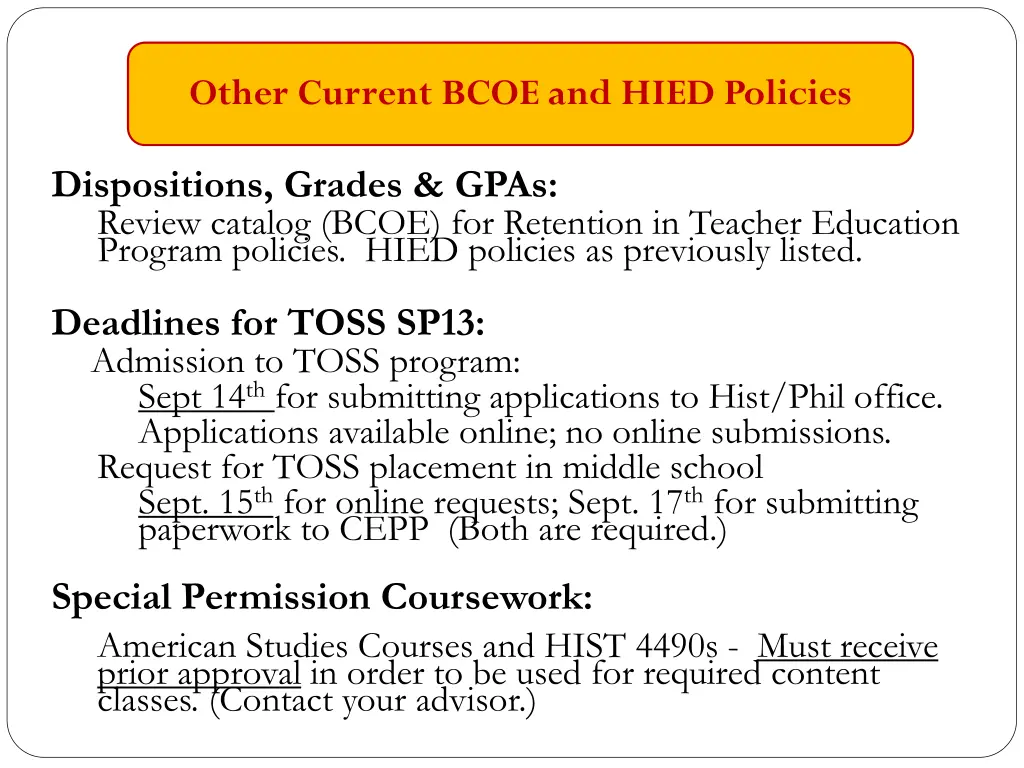 other current bcoe and hied policies