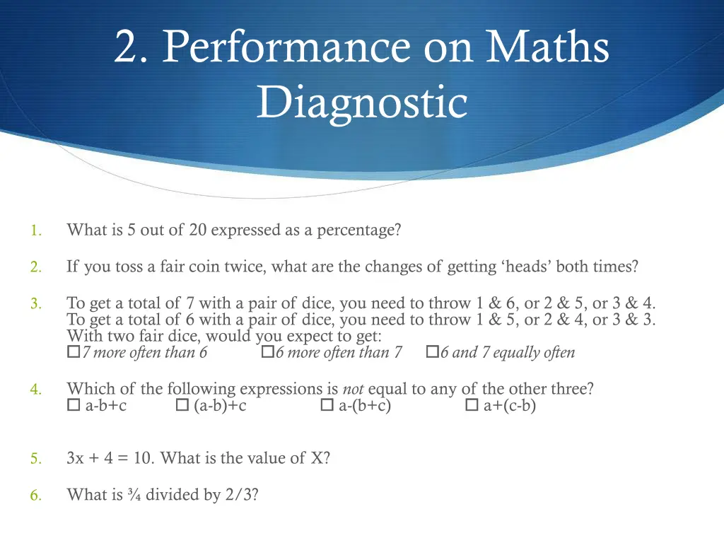 2 performance on maths diagnostic