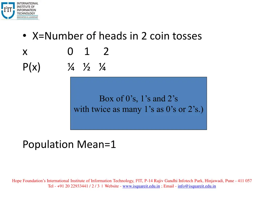 x number of heads in 2 coin tosses x 0 1 2 p x