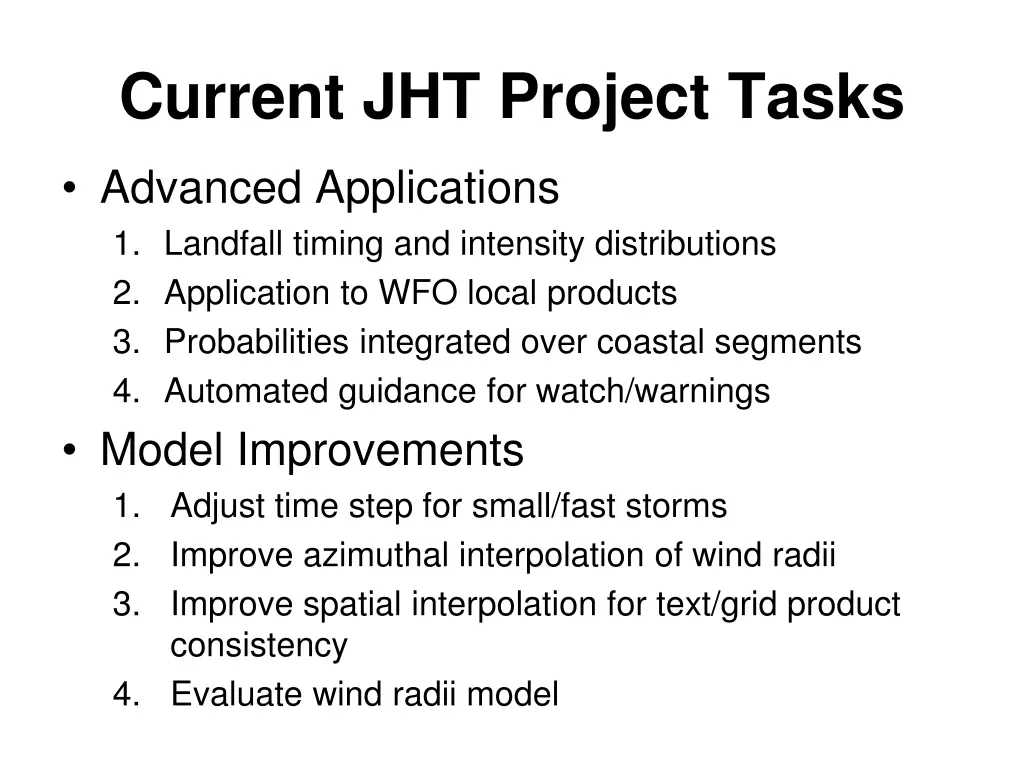 current jht project tasks