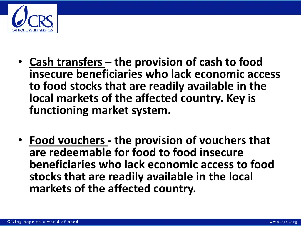 cash transfers the provision of cash to food