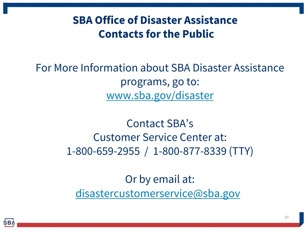 sba office of disaster assistance contacts