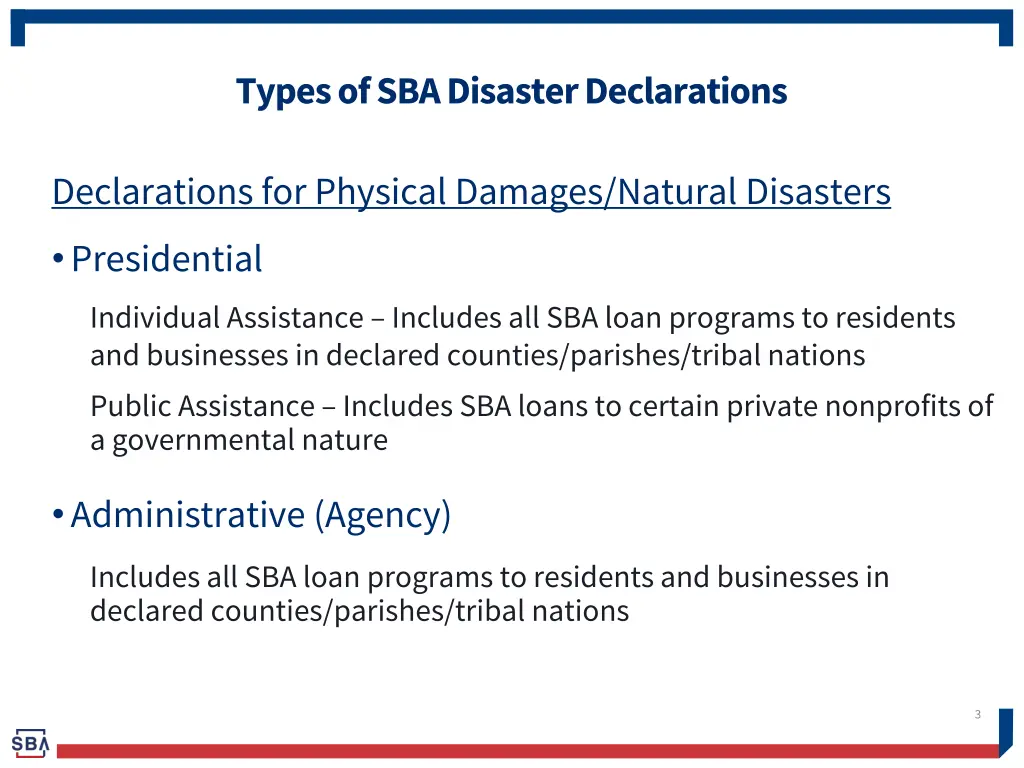 types of sba disaster declarations