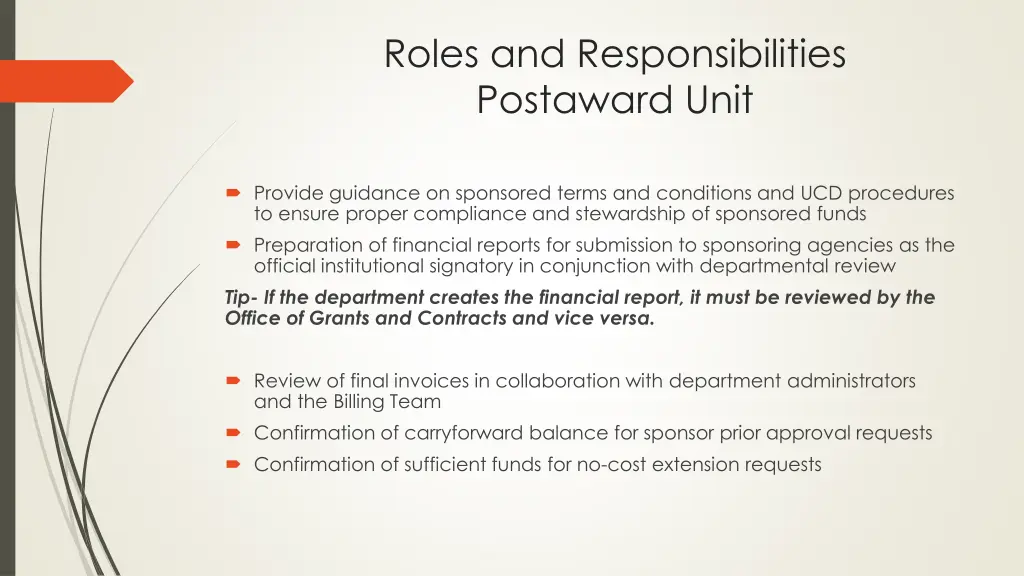 roles and responsibilities postaward unit 1