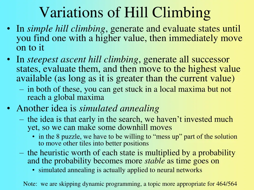 variations of hill climbing in simple hill