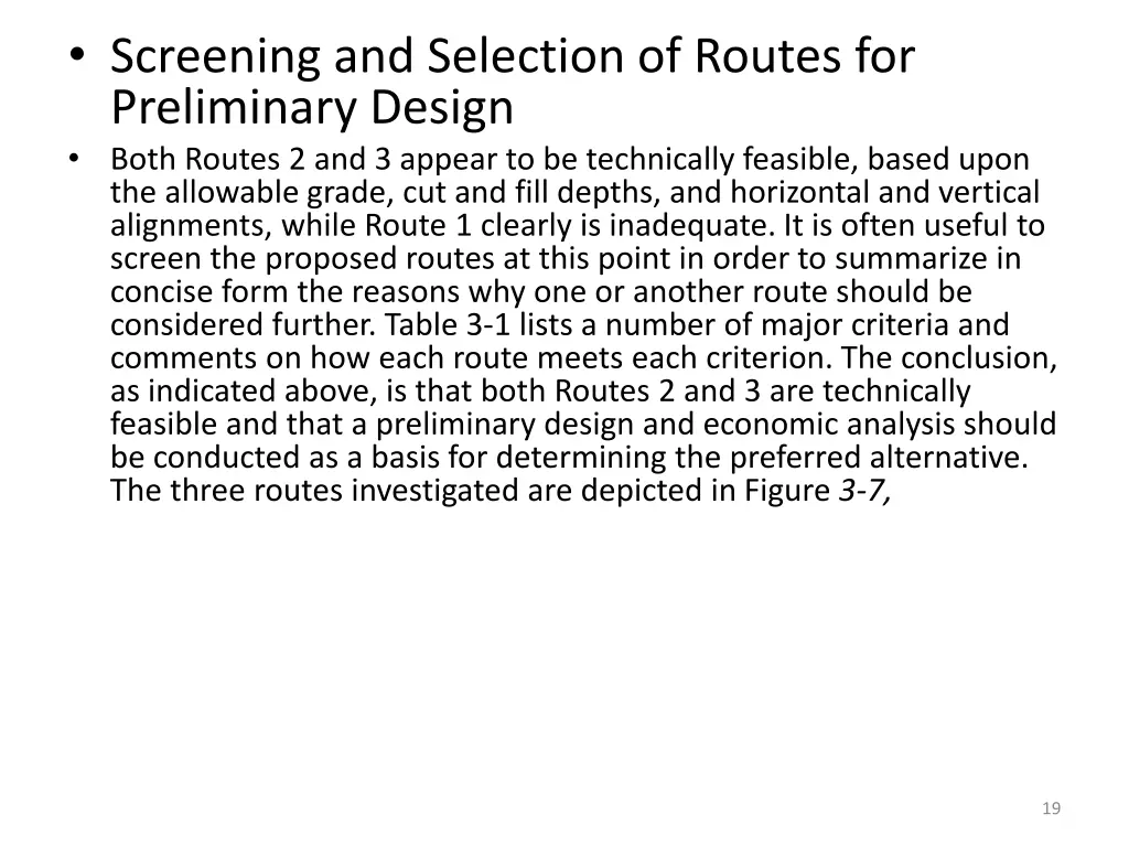 screening and selection of routes for preliminary