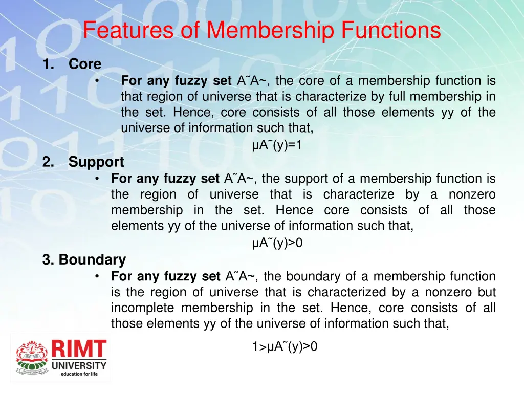 features of membership functions