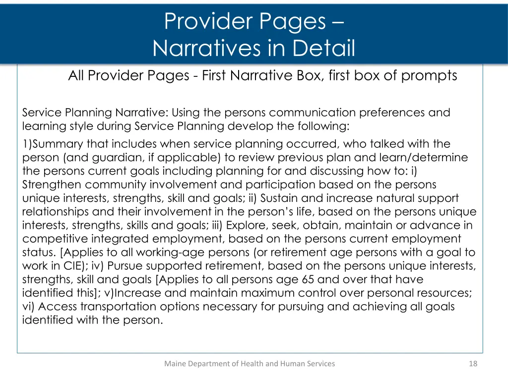 provider pages narratives in detail