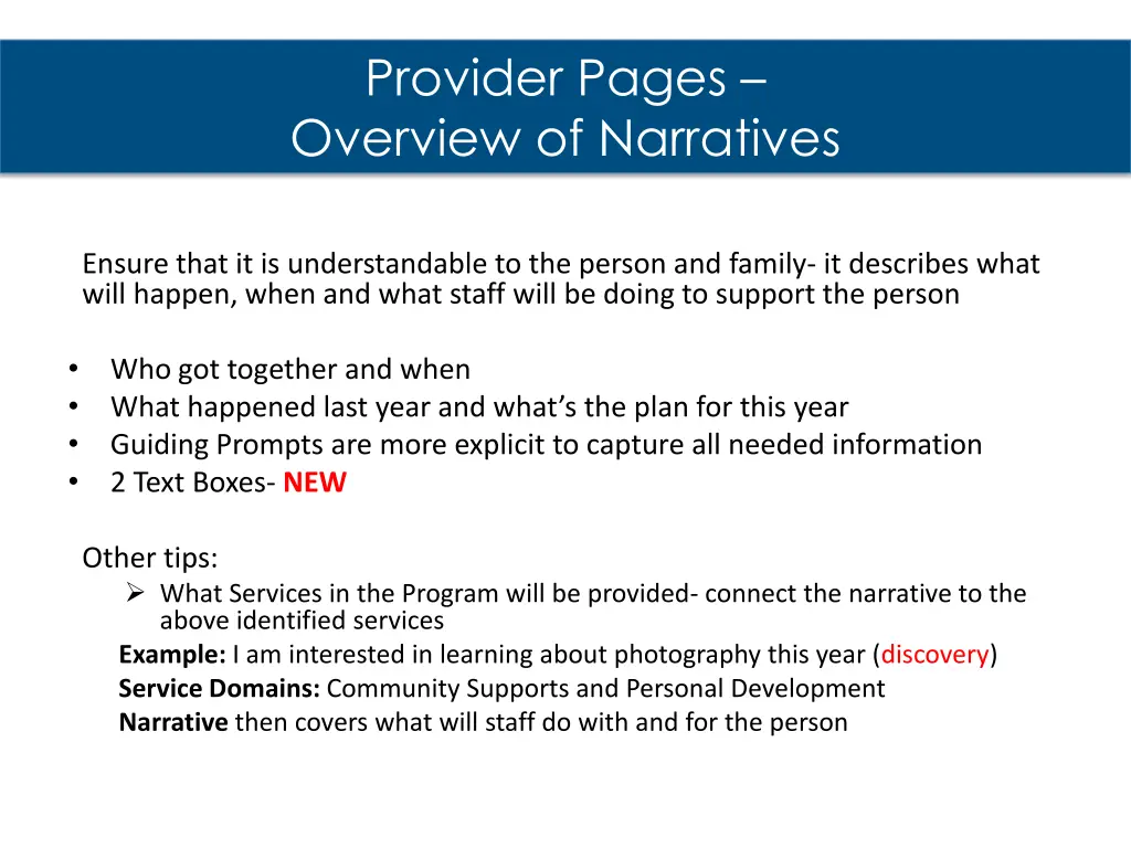 provider pages overview of narratives