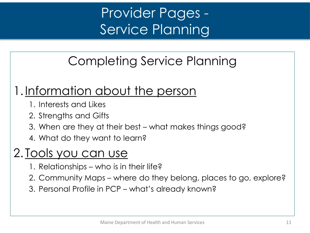 provider pages service planning