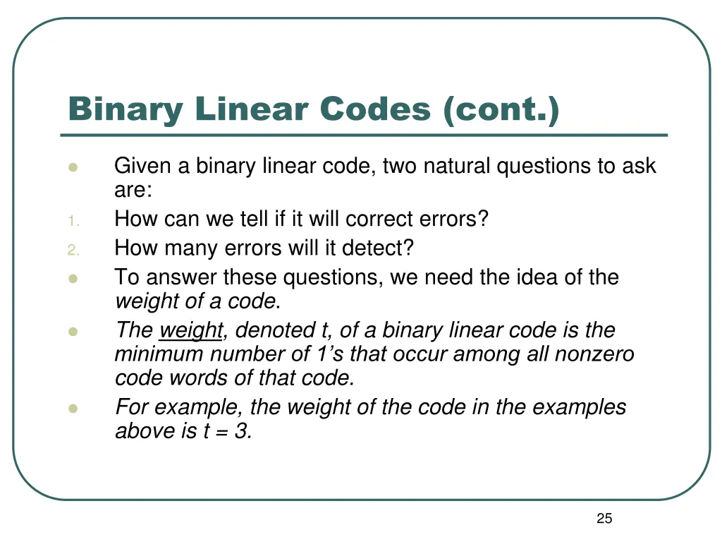 binary linear codes cont 1