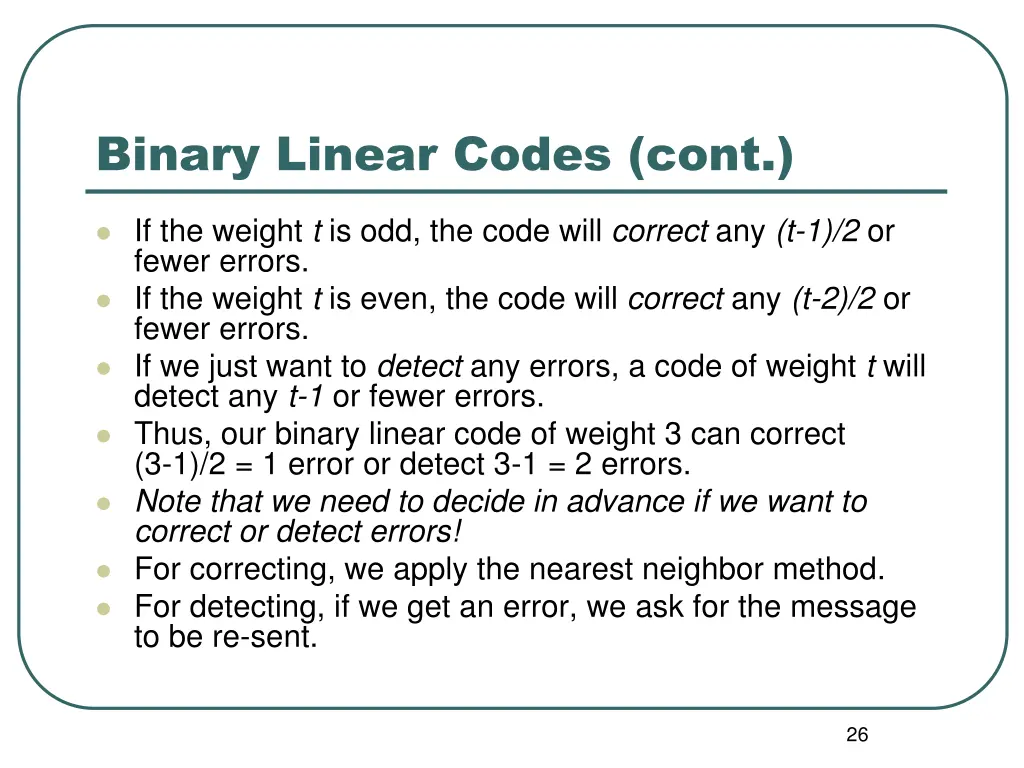 binary linear codes cont 2