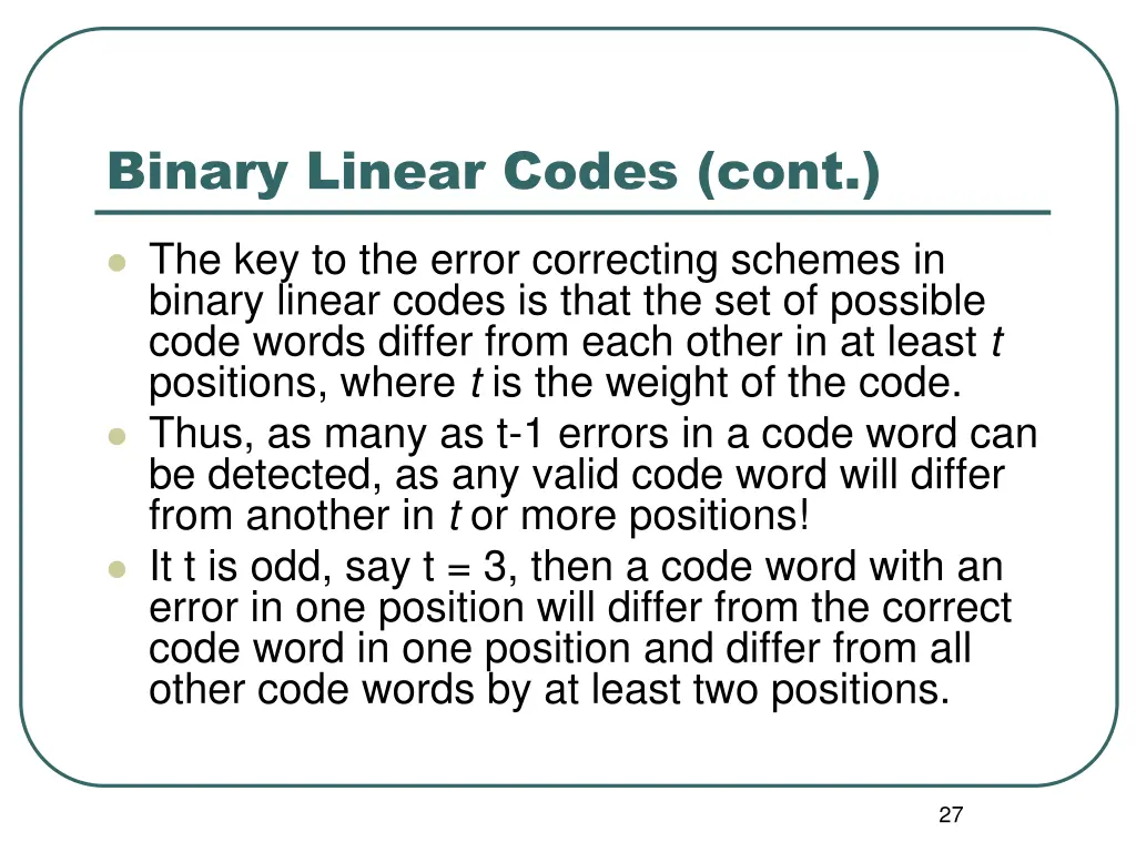 binary linear codes cont 3