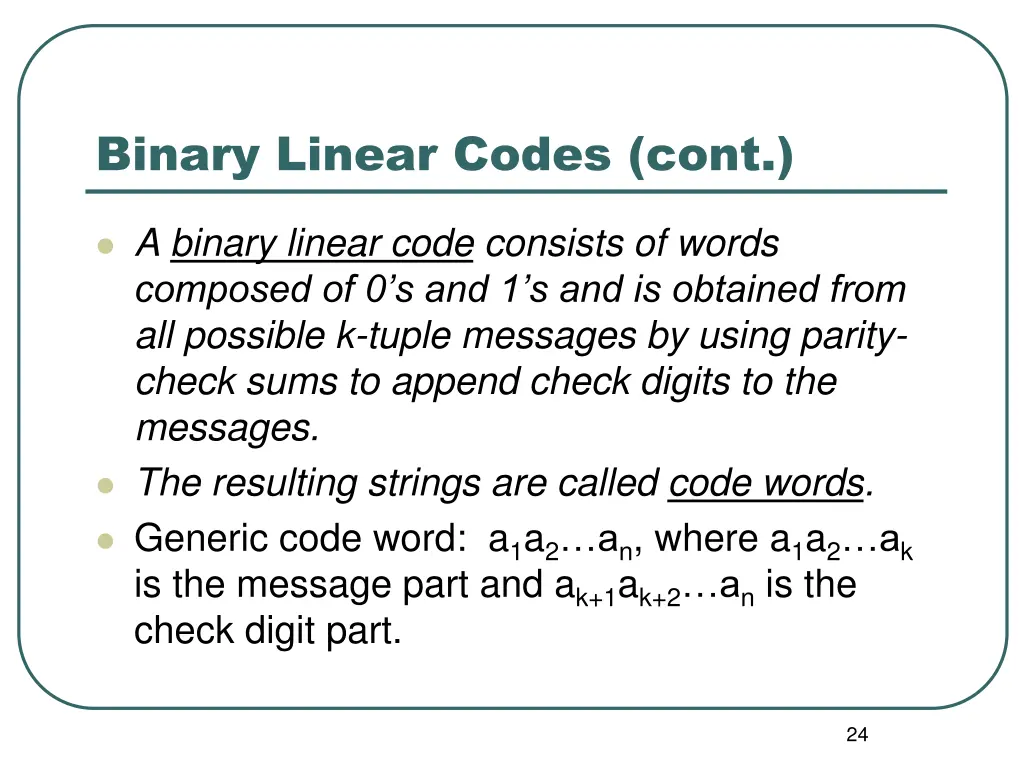 binary linear codes cont