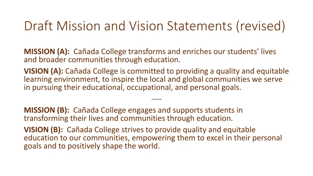 draft mission and vision statements revised