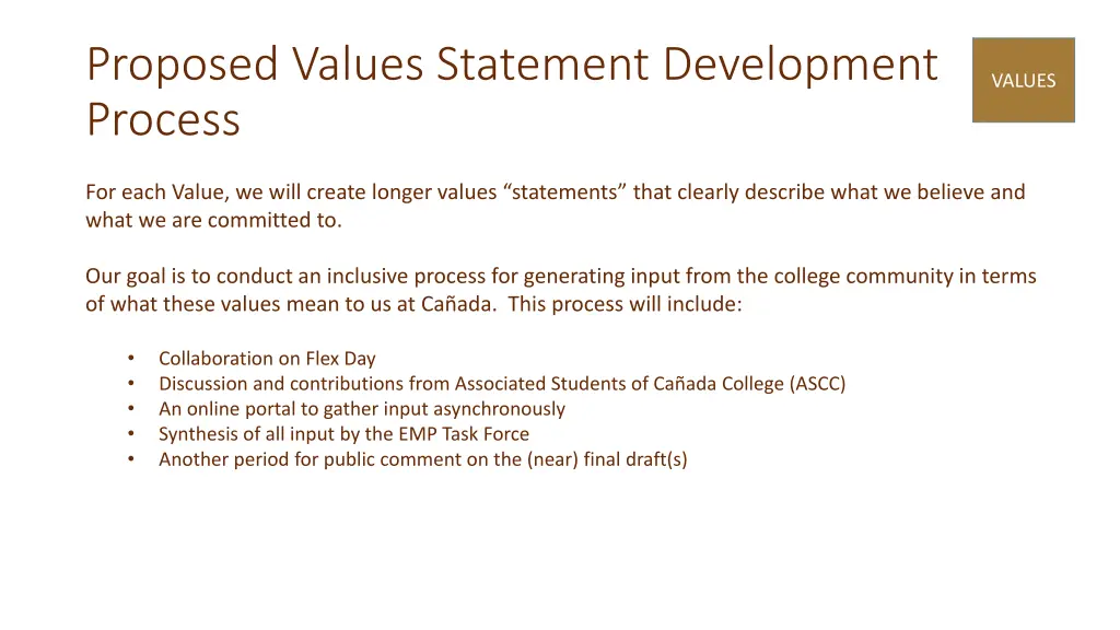 proposed values statement development process